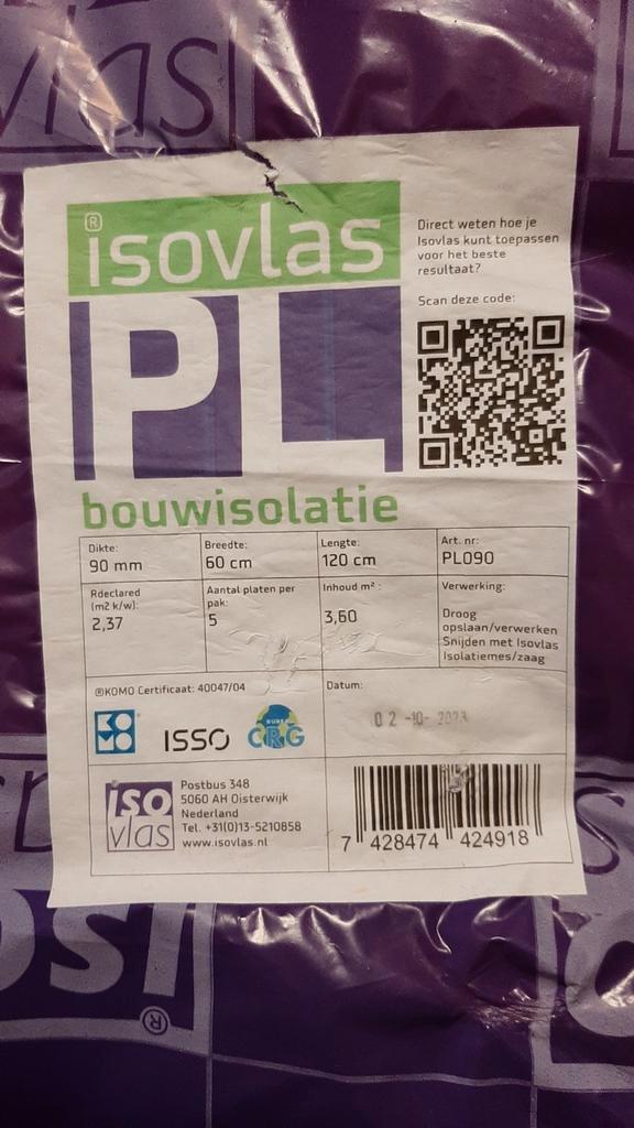 Isovlas isolatie 90mm. 120 x 60cm, Doe-het-zelf en Verbouw, Isolatie en Afdichting, Nieuw, Vloerisolatie, Dakisolatie, Overige materialen