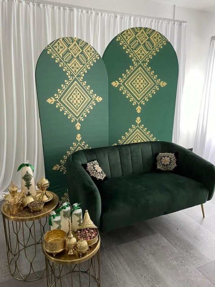 TE HUUR: Henna setting met bruidsbank groen, Hobby en Vrije tijd, Feestartikelen | Verhuur, Zo goed als nieuw, Overige, Ophalen