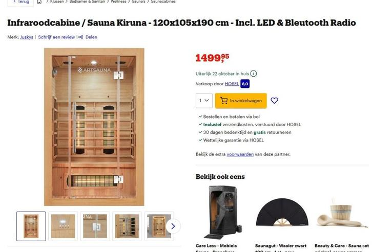 Infraroodcabine / Sauna Kiruna - 120x105x190 cm - 2 pers, Sport en Fitness, Sauna, Zo goed als nieuw, Complete sauna, Infrarood
