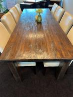 Megamooie teakhouten tafel met 8 lederen stoelen aangeboden, Ophalen, Zo goed als nieuw, Modern, Strak, Klassiek, 6 tot 8 stoelen