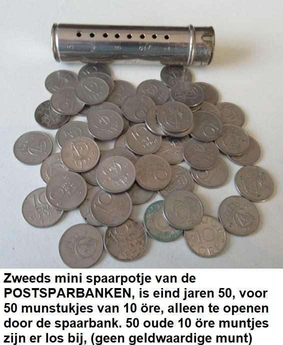 Zweedse Postsparbank, jaren 50 spaarpijp compleet met 50 mun, Verzamelen, Spaarpotten, Gebruikt, Overige thema's, Metaal of Blik
