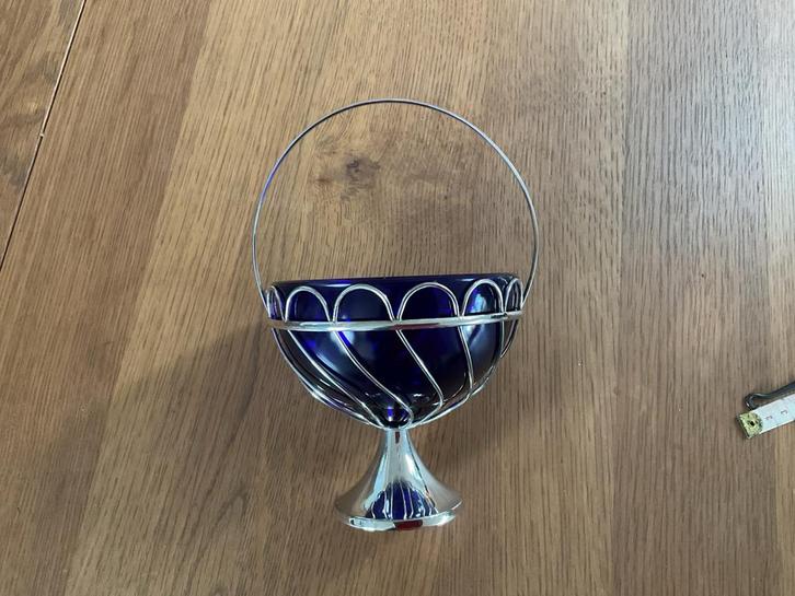 Verzilverd Suikerschaaltje Kobaltblauw Glas, Antiek en Kunst, Antiek | Glas en Kristal, Ophalen of Verzenden
