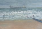 schip op de zee - olieverfschilderij 46 x 36 cm (lijst 3 cm), Antiek en Kunst, Kunst | Schilderijen | Klassiek, Ophalen of Verzenden