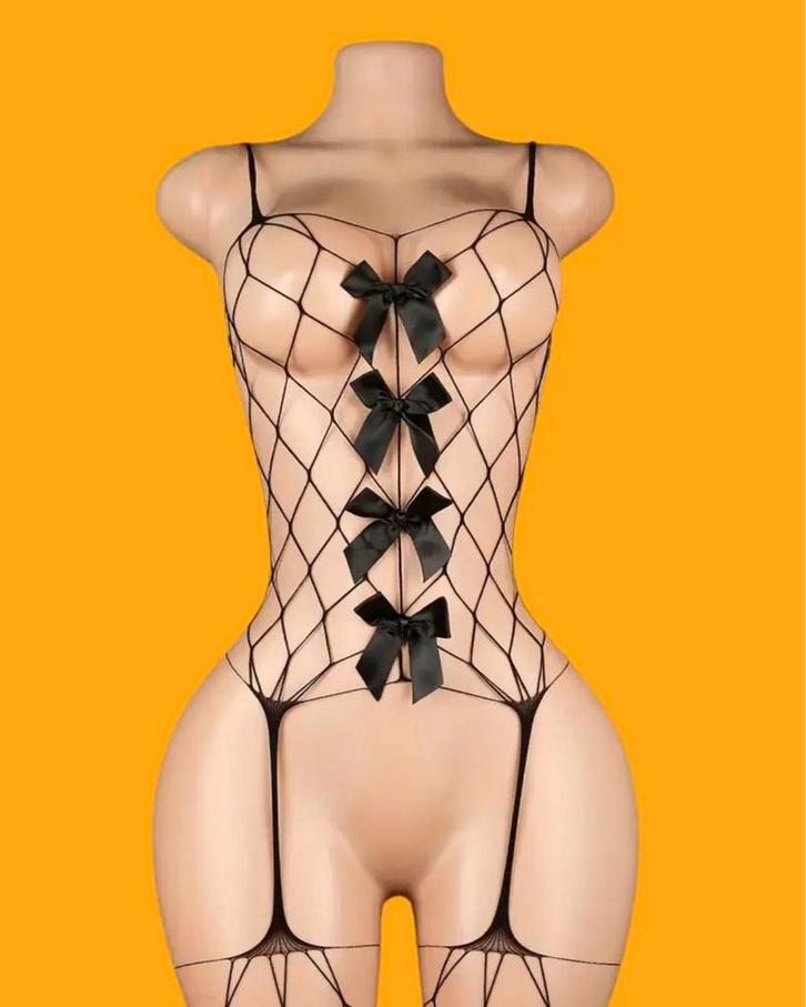 Sexy Zwart Visnet Body met Strikjes, Kleding | Dames, Ondergoed en Lingerie, Body of Korset, Zwart, Ophalen of Verzenden