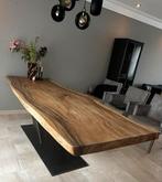 Boomstamtafelblad met zwart stalen onderstel, Huis en Inrichting, Tafels | Eettafels, Gebruikt, 200 cm of meer, 50 tot 100 cm