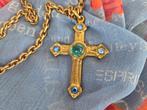 Lange ketting met groot kruis 5 blauwe steentjes, Overige materialen, Ophalen of Verzenden, Zo goed als nieuw, Met edelsteen