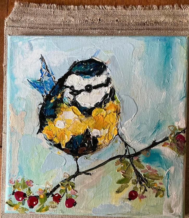 Vogeltje ~ pimpelmees ~ kleintje kunst ~ atelier, Huis en Inrichting, Woonaccessoires | Schilderijen, Tekeningen en Foto's, Nieuw