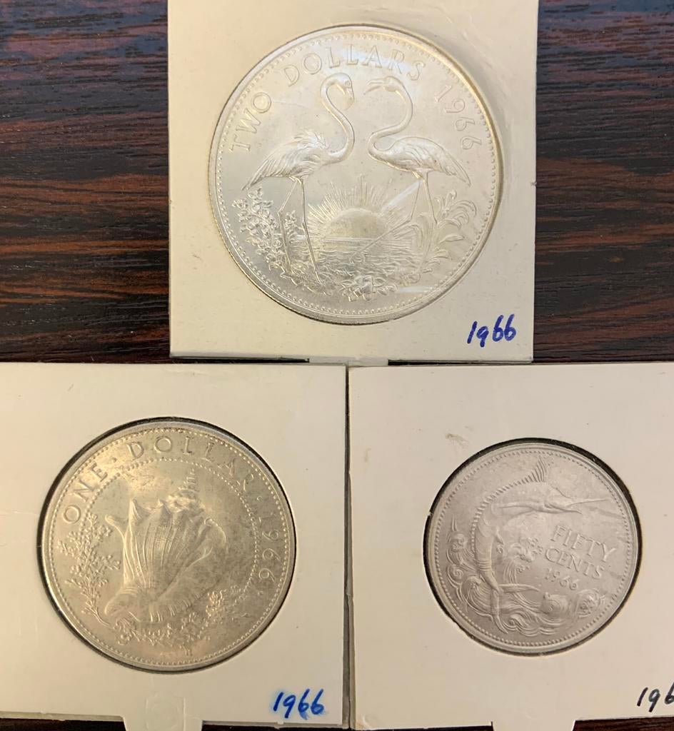 Bahamas 3x zilver 50 ct 1 & 2 Dollar 1966 netto ruim 50 gr, Postzegels en Munten, Munten | Amerika, Noord-Amerika, Zilver, Ophalen of Verzenden