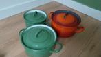 Vintage emaille pannen, groen en rood, Ophalen