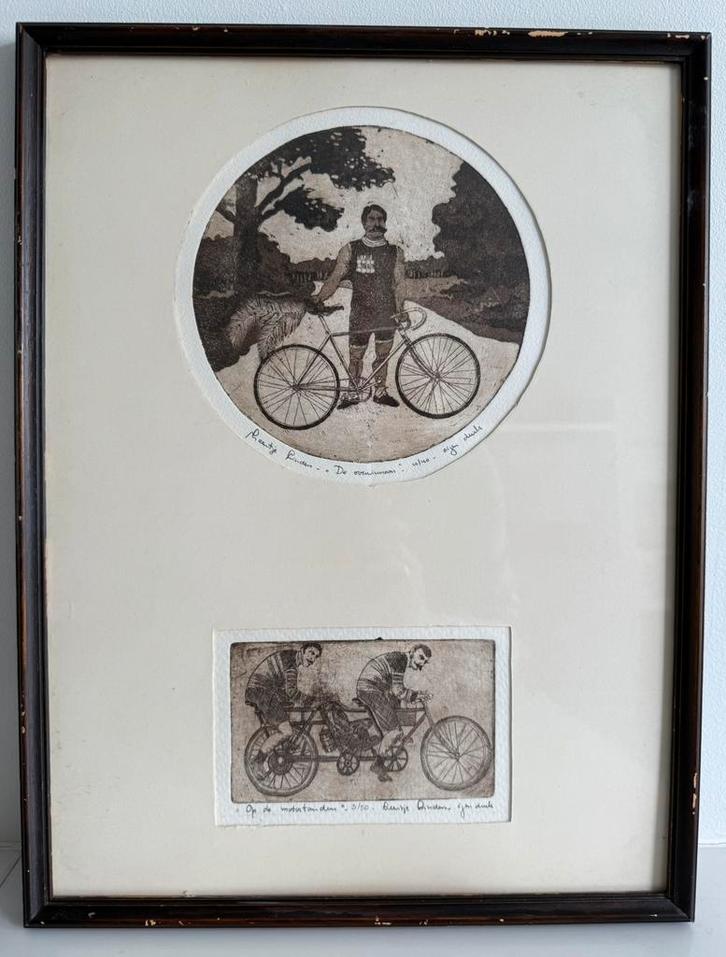 Leentje Linders 2 etsen: de overwinnaar en op de motortandem, Antiek en Kunst, Kunst | Etsen en Gravures, Ophalen
