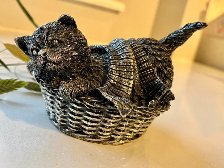 Grote kat in mandje - 925 gemerkt, verzilverd, Antiek en Kunst, Antiek | Goud en Zilver, Zilver, Ophalen of Verzenden