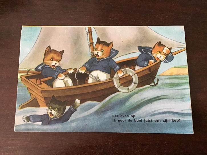 poezen, getekende kaart rond 1951, gelopen            255, Verzamelen, Ansichtkaarten | Dieren, Gelopen, 1940 tot 1960, Hond of Kat
