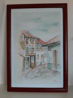 Ingelijste aquarel stadsgezicht, Antiek en Kunst, Ophalen of Verzenden