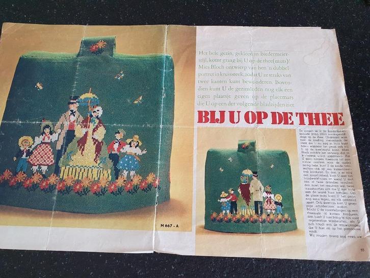 Vintage borduurpatronen merklap en theemuts, Hobby en Vrije tijd, Borduren en Borduurmachines, Gebruikt, Patroon, Handborduren