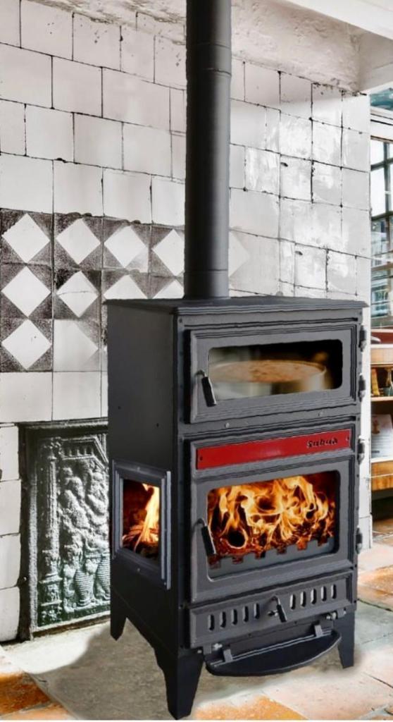 S107/3D Sabah Open Haard Met Oven – Zwart/rood – Drie-Raams, Huis en Inrichting, Kachels, Nieuw, Inbouw, Houtkachel, Hout, Ophalen