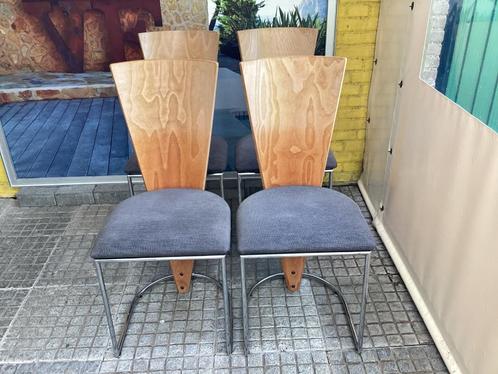 4 Vintage Dutch Design Harvink Memphis eetkamerstoelen., Huis en Inrichting, Stoelen, Gebruikt, Vier, Hout, Metaal, Stof, Ophalen