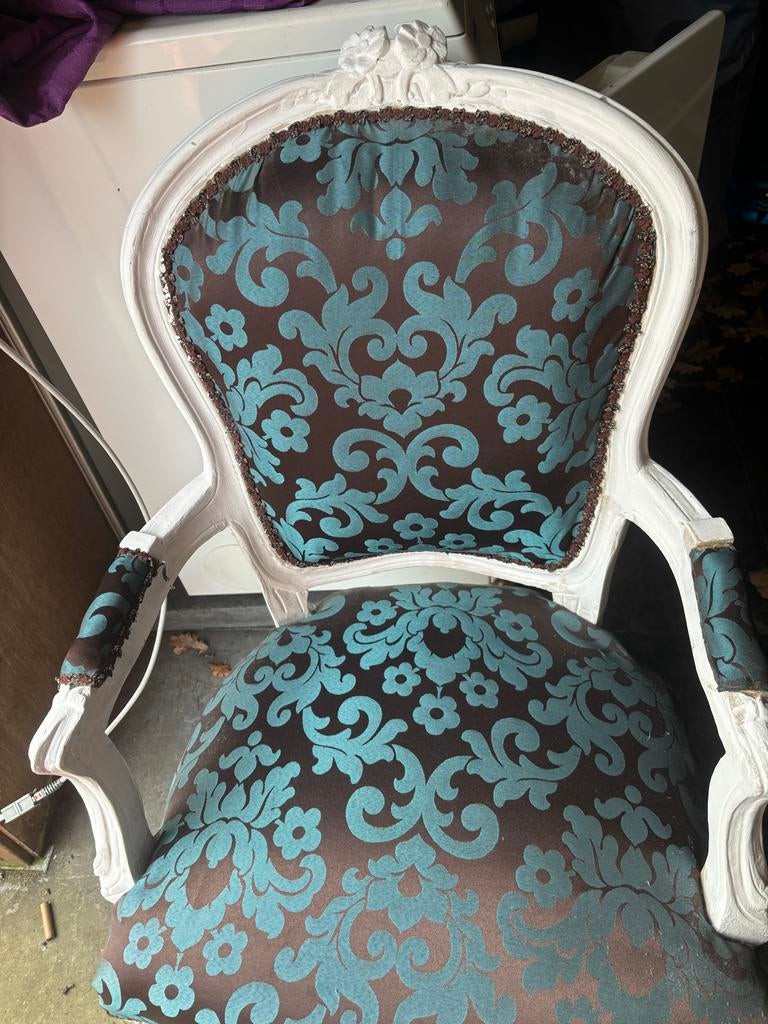 Barok stoel, laag model met blauw/bruine bekleding, Huis en Inrichting, Stoelen, Ophalen, Gebruikt, Overige kleuren, Eén