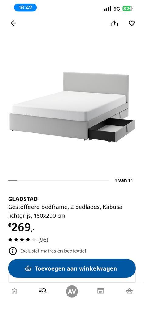 Ikea Gladstad Bedframe 160x200 cm met Bedlades, Huis en Inrichting, Slaapkamer | Bedden, Nieuw, Tweepersoons, 160 cm, 200 cm, Stof