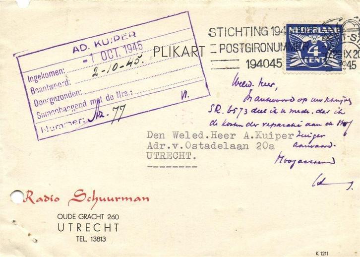 Radio Schuurman, Utrecht - 10.1945 - plikart, Postzegels en Munten, Brieven en Enveloppen | Nederland, Envelop, Ophalen of Verzenden