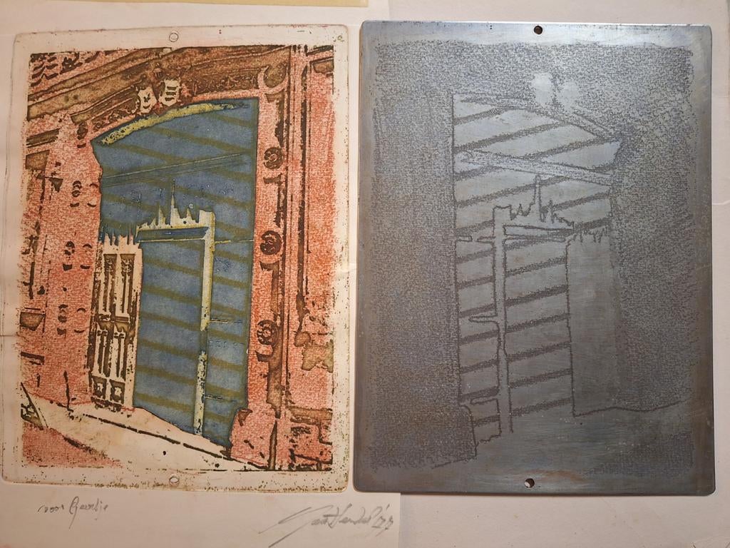 Ets met architecturaal motief + etsplaat Jan henkel, Antiek en Kunst, Ophalen of Verzenden