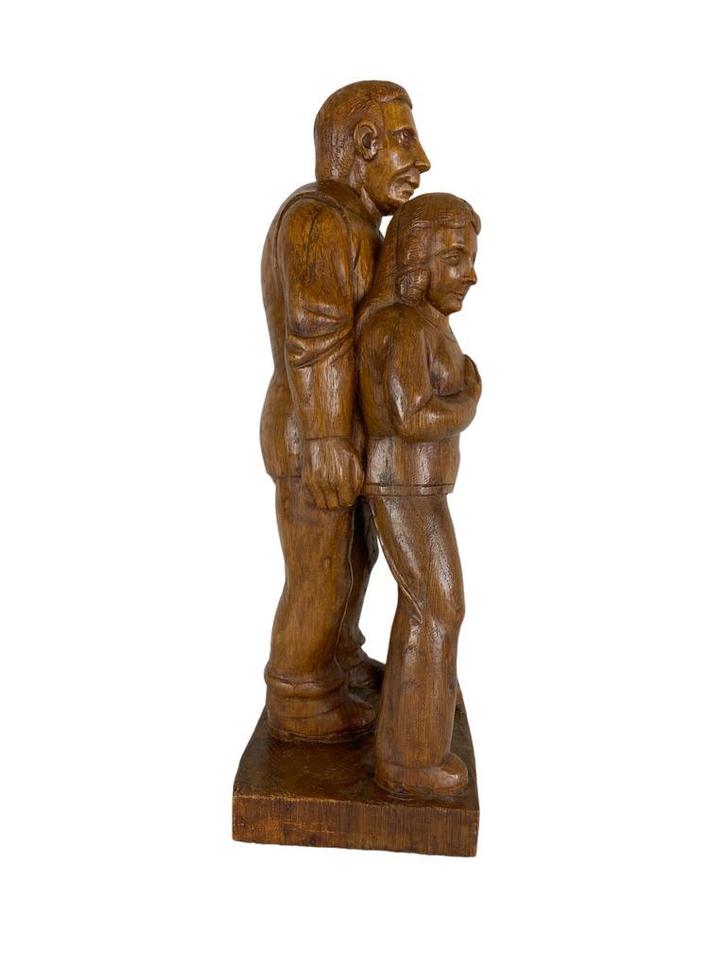Eikenhouten sculptuur man en vrouw - jaren 30, Antiek en Kunst, Kunst | Beelden en Houtsnijwerken, Ophalen of Verzenden