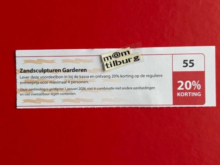 Bon 55 Zandsculpturen Garderen 20% korting p.p., Tickets en Kaartjes, Kortingen en Cadeaubonnen, Drie personen of meer, Overige typen