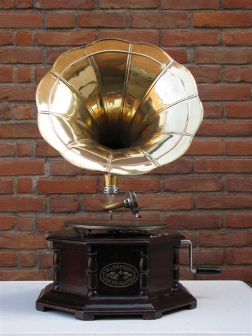 Nostalgische grammofoon met achtkantige kast & koperen hoorn, Antiek en Kunst, Antiek | Tv's en Audio, Ophalen of Verzenden
