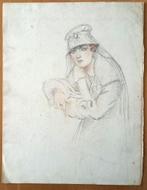 A493-55 Oude tekening Portret vrouw met hoed met sluier, Ophalen of Verzenden