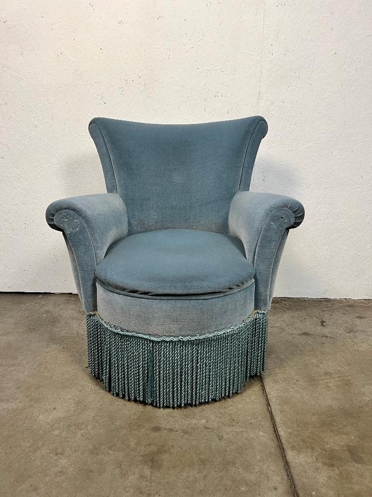 Vintage Cocktailstoel, Frankrijk 1960's, Blauw Velours, Huis en Inrichting, Fauteuils, Gebruikt, Hout, Stof, 50 tot 75 cm, 75 tot 100 cm