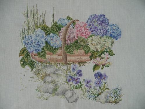 Borduurwerk "Hortensia en violen", Hobby en Vrije tijd, Borduren en Borduurmachines, Gebruikt, Onderdeel of Toebehoren, Handborduren