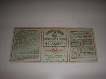 ZEER oud etiket Kraepelien & Holm Melksuiker voeding +/-1900 beschikbaar voor biedingen