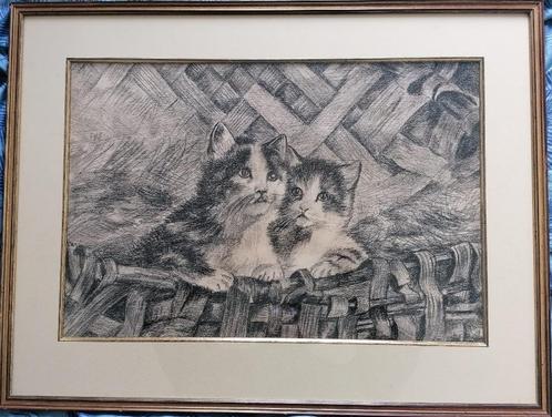 Charmante houtskooltekening - Twee kittens in een mand, Antiek en Kunst, Kunst | Tekeningen en Foto's, Ophalen of Verzenden