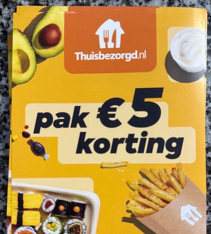 Thuisbezorgd €5 korting codes, Tickets en Kaartjes, Kortingen en Cadeaubonnen, Eén persoon, Kortingsbon