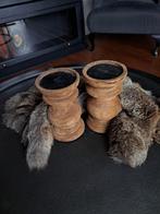 2x Houten kandelaar met konijnen bontje, Overige kleuren, Ophalen of Verzenden, Zo goed als nieuw, Hout