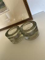 2 dikke glazen waxinehouders, Ophalen of Verzenden, Zo goed als nieuw, Overige materialen, Minder dan 25 cm