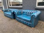 Engelse Chesterfield 3+2 jeans blauw GRATIS BEZORGD, Leer, Ophalen of Verzenden