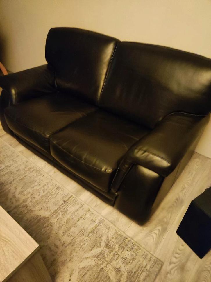 Lederen Tweezitsbank - Zwart, Huis en Inrichting, Banken | Bankstellen, Gebruikt, Tweepersoons, 150 tot 200 cm, 75 tot 100 cm