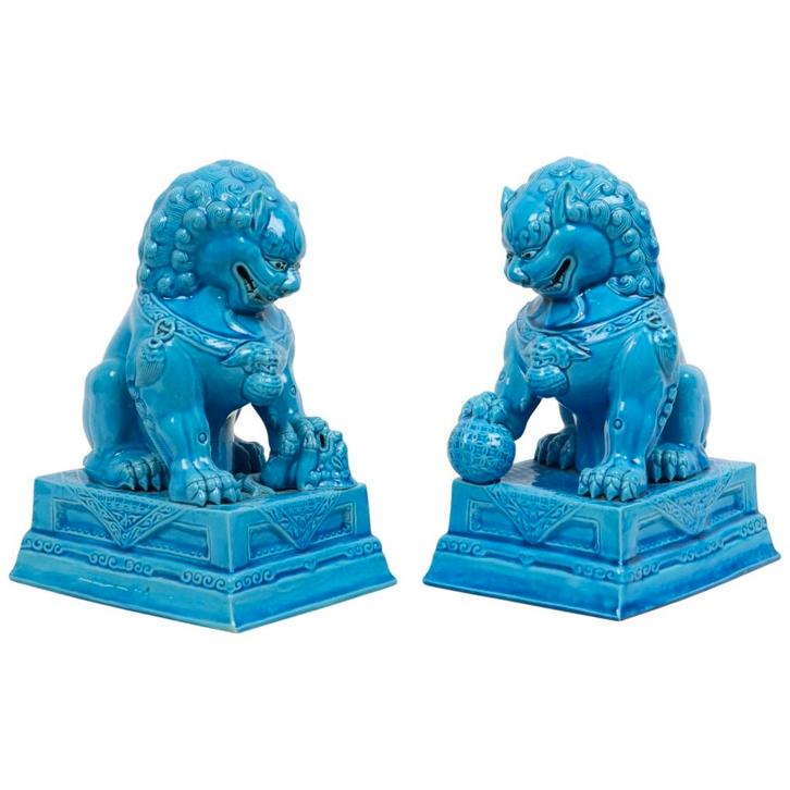 Grote Tempelleeuw Beelden Foo Dogs Blauw Porselein 25cm, Verzamelen, Beelden en Beeldjes, Gebruikt, Religie, Ophalen of Verzenden