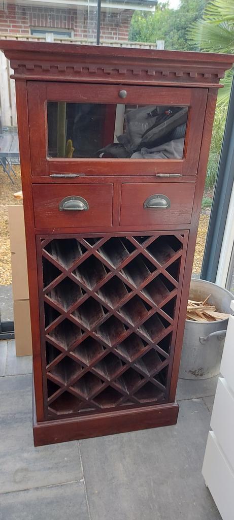 Anteak Wijnkast met Glasdeur en Lades, Huis en Inrichting, Woonaccessoires | Wijnrekken, Gebruikt, 75 cm of meer, Hout, 15 tot 25 flessen