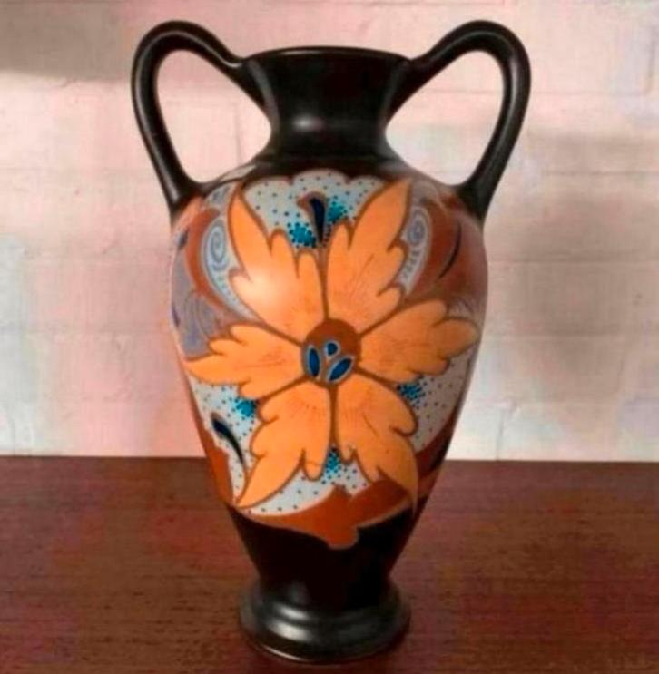 Vaas Schitterende Eskaf bokaal plateel vaas met oren., Antiek en Kunst, Antiek | Keramiek en Aardewerk, Ophalen of Verzenden