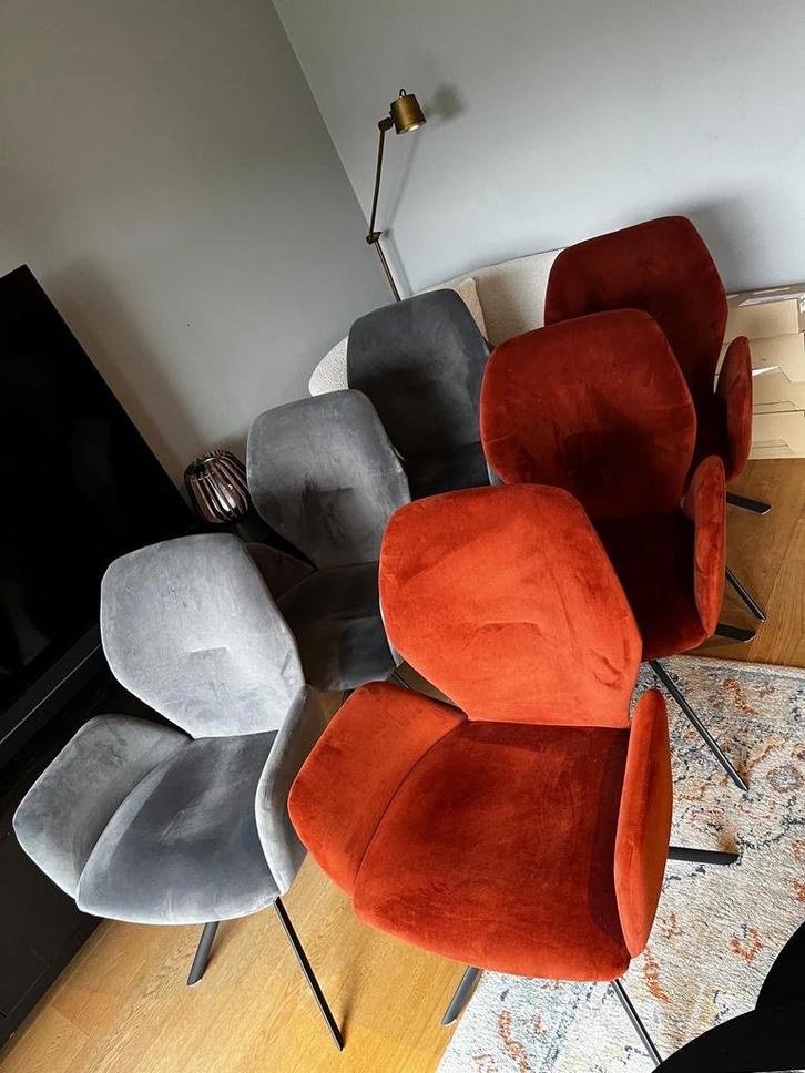 6 Goossens Eetkamerstoelen (draaibaar) velvet grijs en koper, Huis en Inrichting, Stoelen, Zo goed als nieuw, Vijf, Zes of meer stoelen