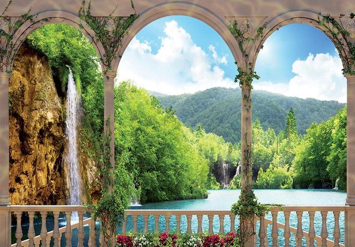 Waterval 3D fotobehang, Uitzicht op het meer *Fotobehang4you, Huis en Inrichting, Stoffering | Behang, minder dan 10 m², Verzenden