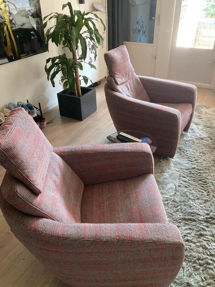 2 FSM Sesam Relaxstoelen, 1 voetbank ijzer gebroken., Huis en Inrichting, Fauteuils, Gebruikt, Stof, 50 tot 75 cm, Minder dan 75 cm