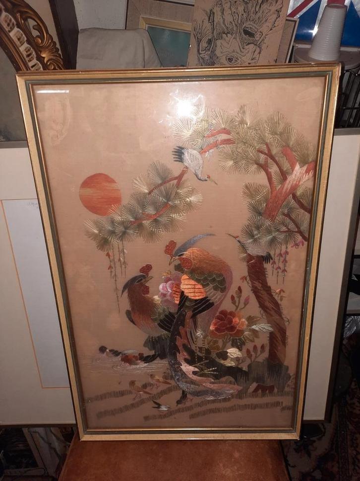 Vintage Aziatisch Borduurwerk met Vogels, Antiek en Kunst, Kunst | Niet-Westerse kunst, Ophalen of Verzenden