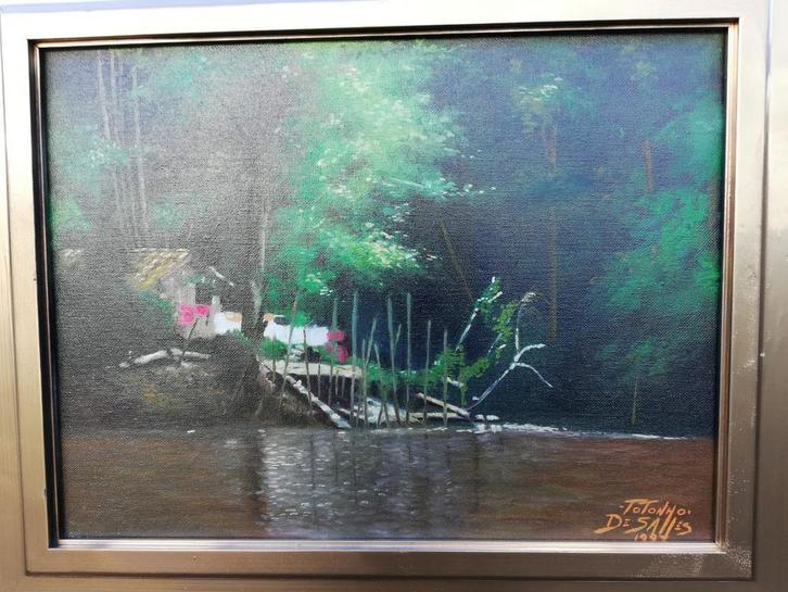 Tononho De Salles, Cabana na selva (Brazilië). Olie/doek., Huis en Inrichting, Woonaccessoires | Schilderijen, Tekeningen en Foto's