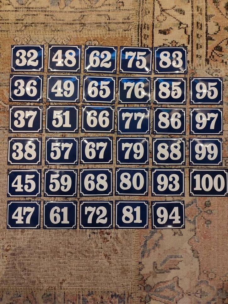 Emaille huisnummers blauw-wit (32 - 100), Antiek en Kunst, Antiek | Emaille, Ophalen of Verzenden