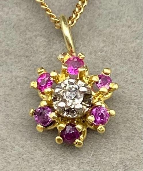 18 kt. Geel Goud - Hanger met Diamanten en Robijnen met doos, Sieraden, Tassen en Uiterlijk, Kettinghangers, Zo goed als nieuw