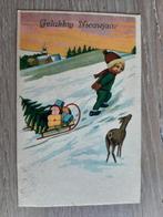 oude Gelukkig Nieuwjaar kaart Slee met pakjes en sneeuw 1949, Ophalen of Verzenden, 1940 tot 1960, Gelopen, Feest(dag)