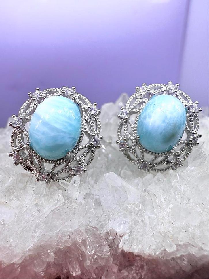oorbellen van larimar omringd door zirkonen zilver, Sieraden, Tassen en Uiterlijk, Oorbellen, Nieuw, Knopjes of Stekers, Zilver