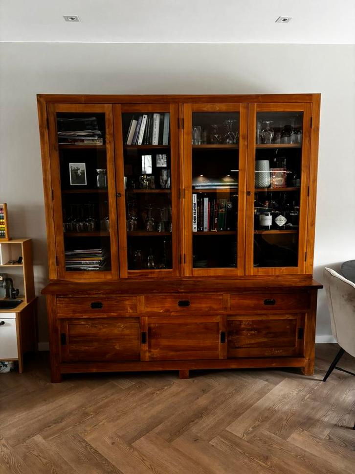 Teakhout buffetkast massief hout, Huis en Inrichting, Kasten | Buffetkasten, Gebruikt, 200 cm of meer, 200 cm of meer, 50 tot 75 cm